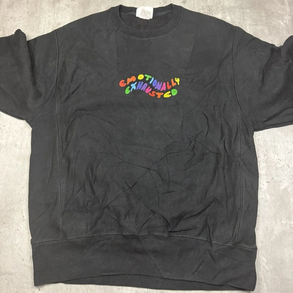Champion Reverse Weave Sweatshirt Mens M Black Crewneck Emotionally Exausted